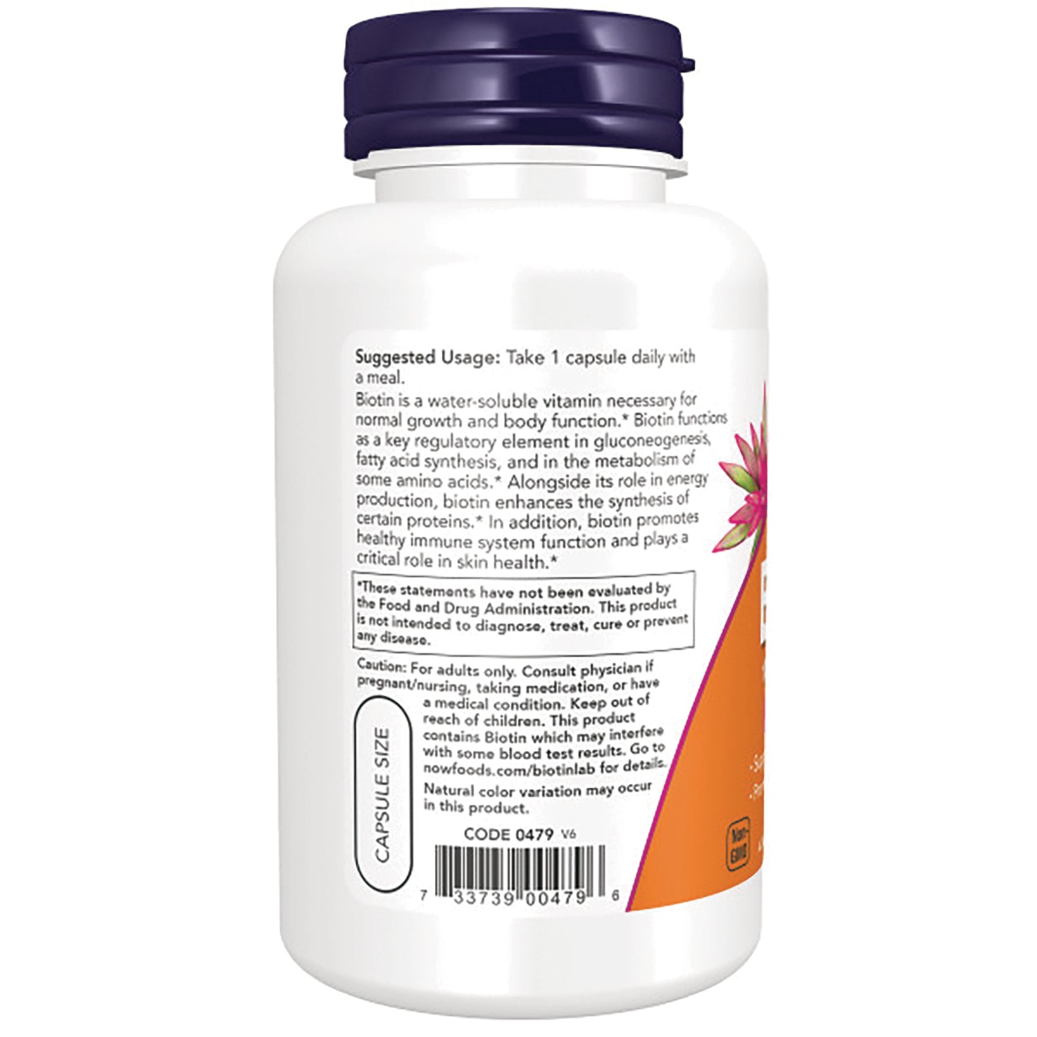 NWF1304 | Back label of white supplement bottle showing usage directions, caution text and barcode