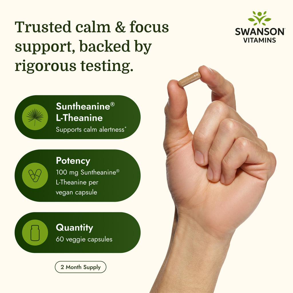 SWU110 | Swanson Vitamins lifestyle infographic showing a capsule, calm alertness, potency, and 2 month supply - Thumbnail