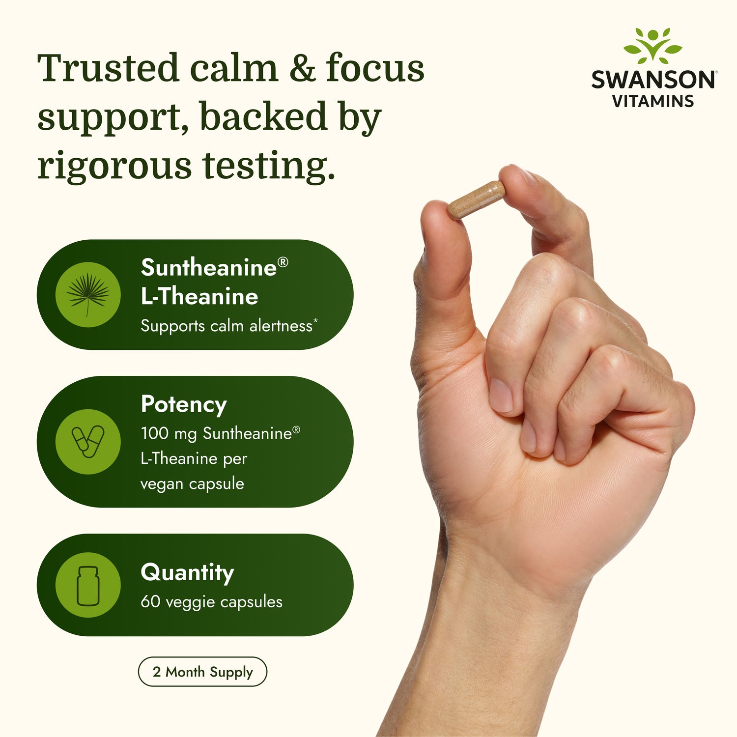 SWU110 | Swanson Vitamins lifestyle infographic showing a capsule, calm alertness, potency, and 2 month supply