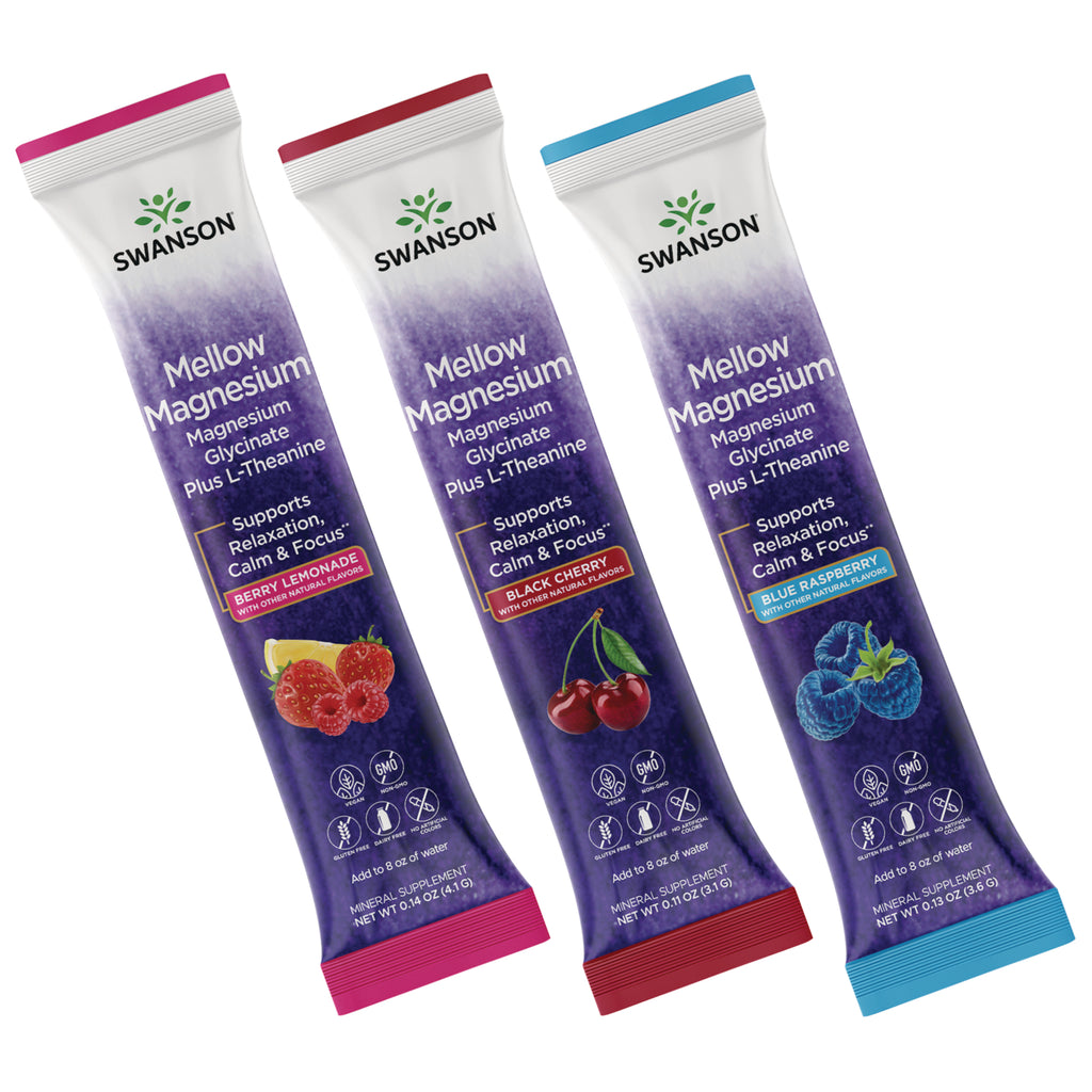 SW1986 | Three Swanson Mellow Magnesium single-serve stick packs showing Berry Lemonade, Black Cherry, and Blue Raspberry - Thumbnail