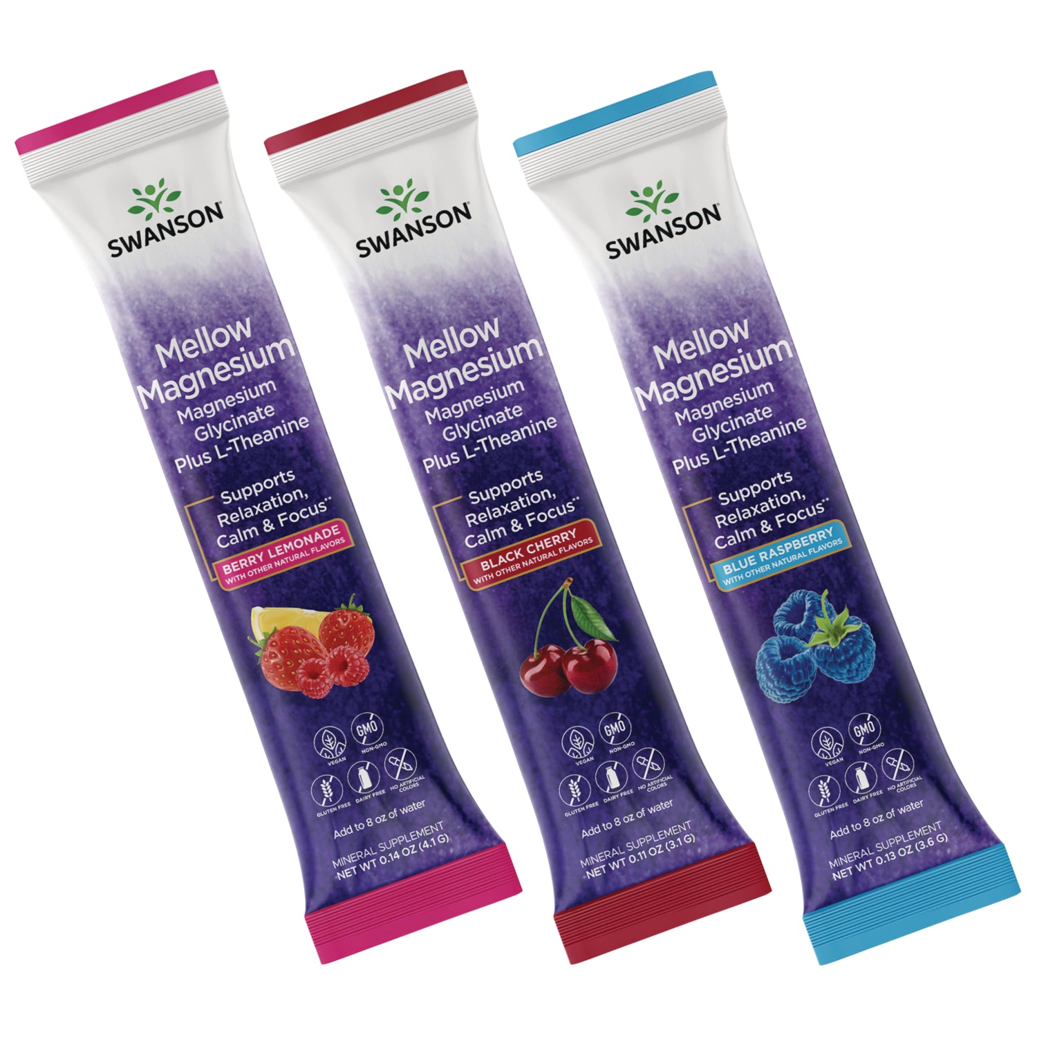 SW1986 | Three Swanson Mellow Magnesium single-serve stick packs showing Berry Lemonade, Black Cherry, and Blue Raspberry