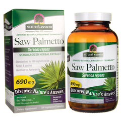 NAT132 | Saw Palmetto 690 mg bottle and box labeled Serenoa repens, 120 vegetarian capsules