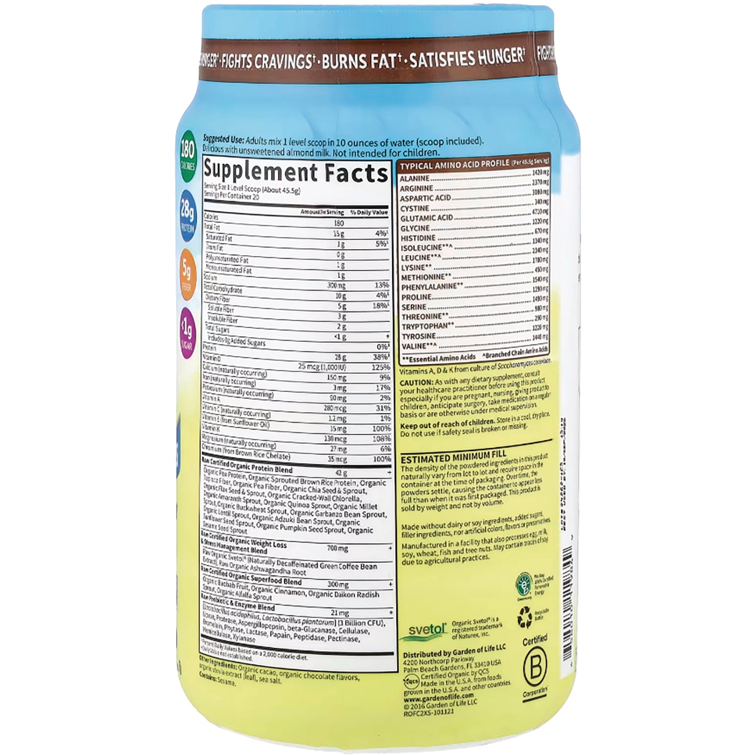 GLF244 | Back label showing Supplement Facts panel, ingredient and amino acid lists, cautions and estimated fill information