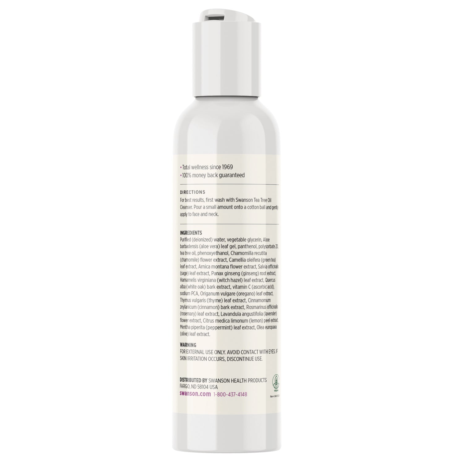 SWU747 | Ingredients, directions, and warning text for Swanson Tea Tree Oil Cleanser