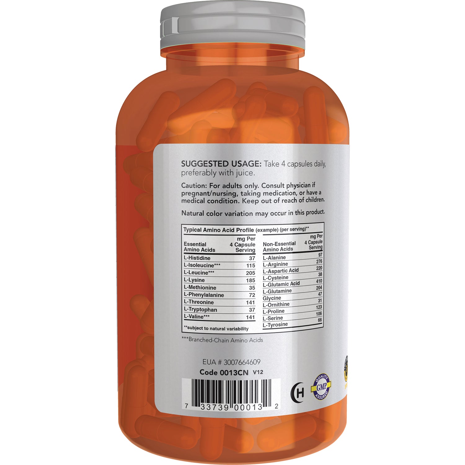 NWF168 | Back of orange supplement bottle showing suggested usage, amino acid table, barcode and orange capsules