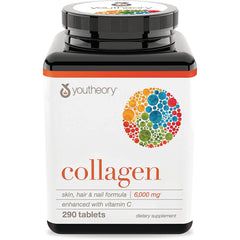 YOU001 | Youtheory Collagen 290 tablets bottle, skin, hair & nail formula 6,000 mg, enhanced with vitamin C