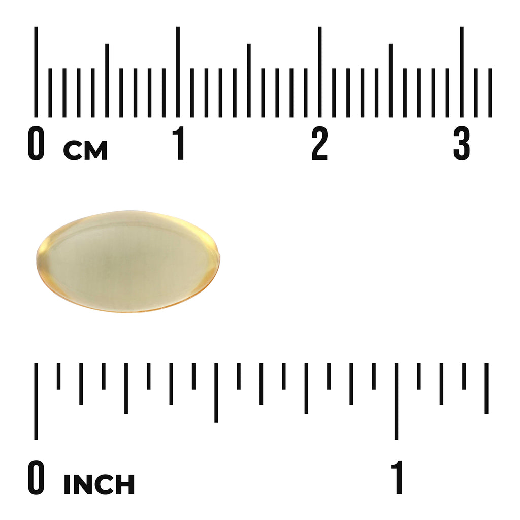 SW136 | Oval amber softgel capsule on rulers showing centimeters and inches with visible text '0 cm' and '0 inch' - Thumbnail