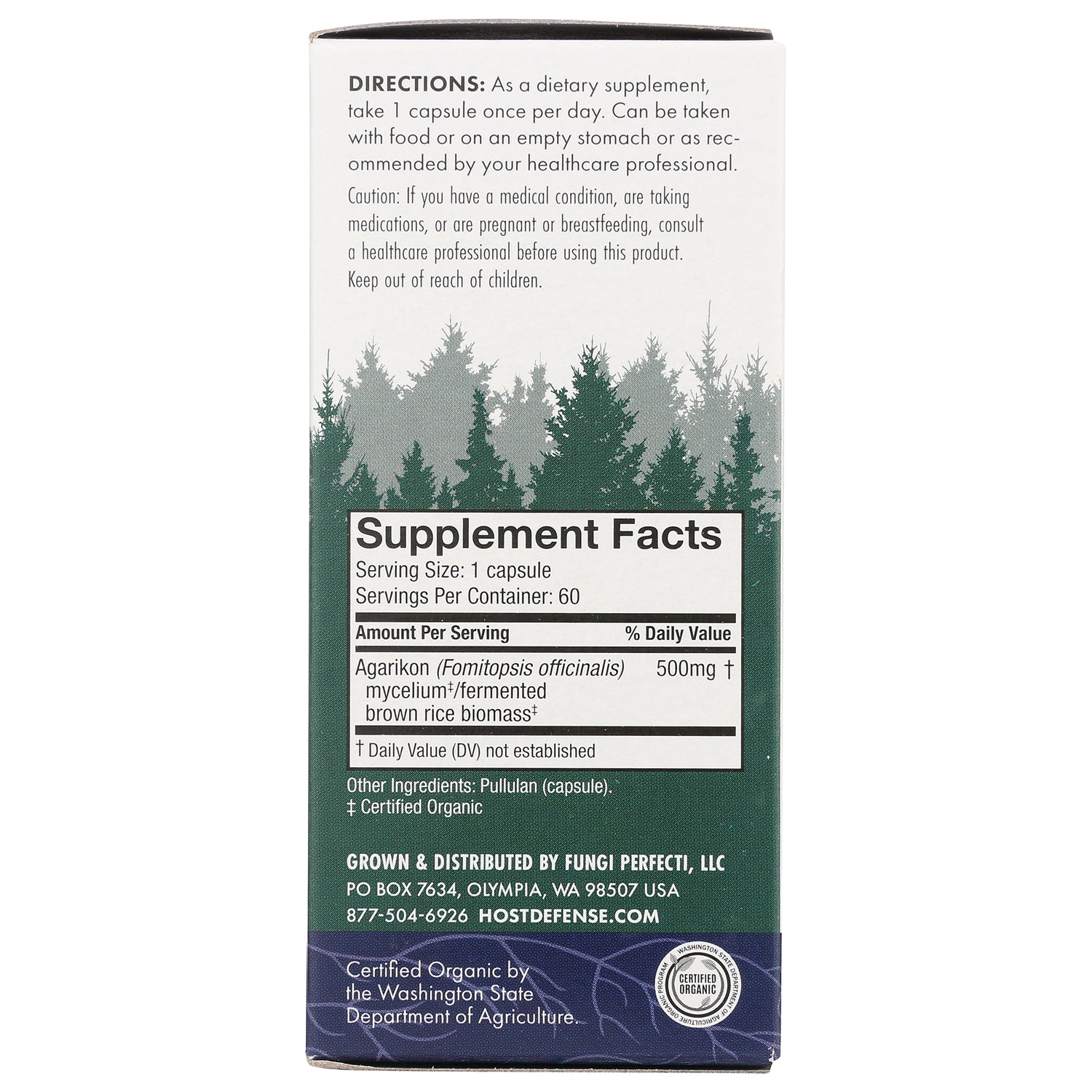 FUN011 | Back panel of supplement box showing directions and Supplement Facts panel listing Agarikon 500 mg and ingredients