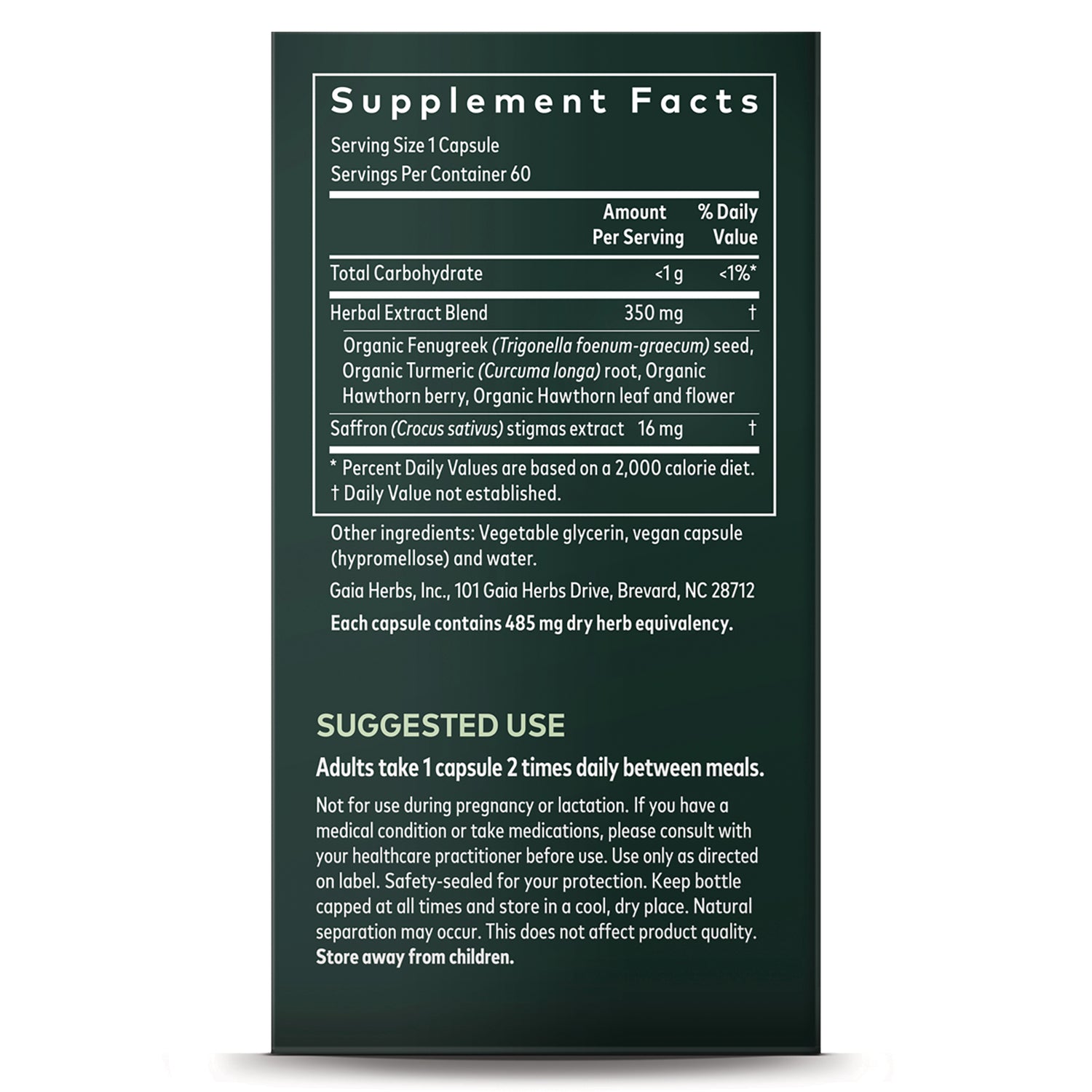 GH175 | Back label showing Supplement Facts panel, ingredients, and suggested use for herbal capsules