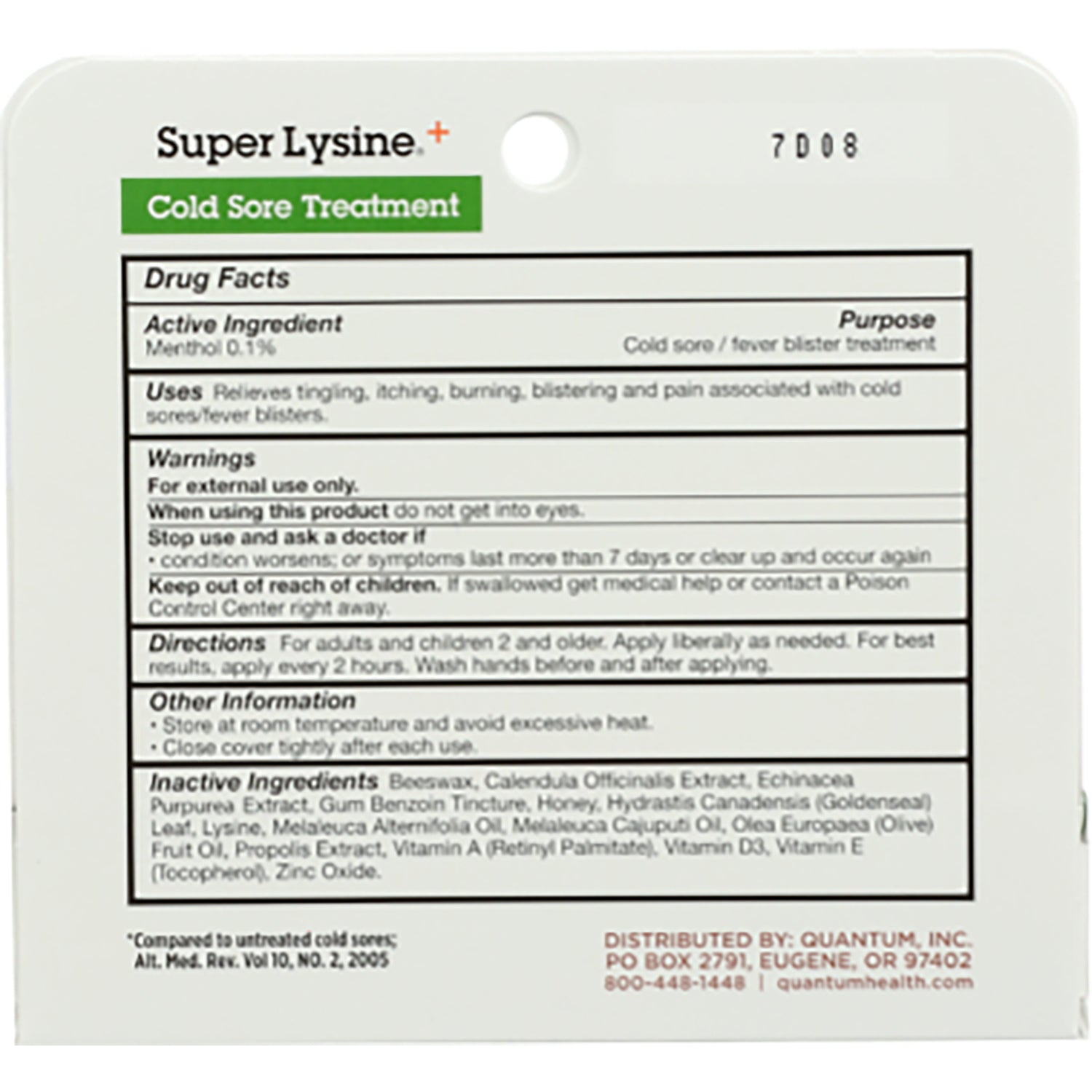 QU033 | Back packaging showing Drug Facts for Super Lysine cold sore treatment, active ingredient Menthol 0.1%