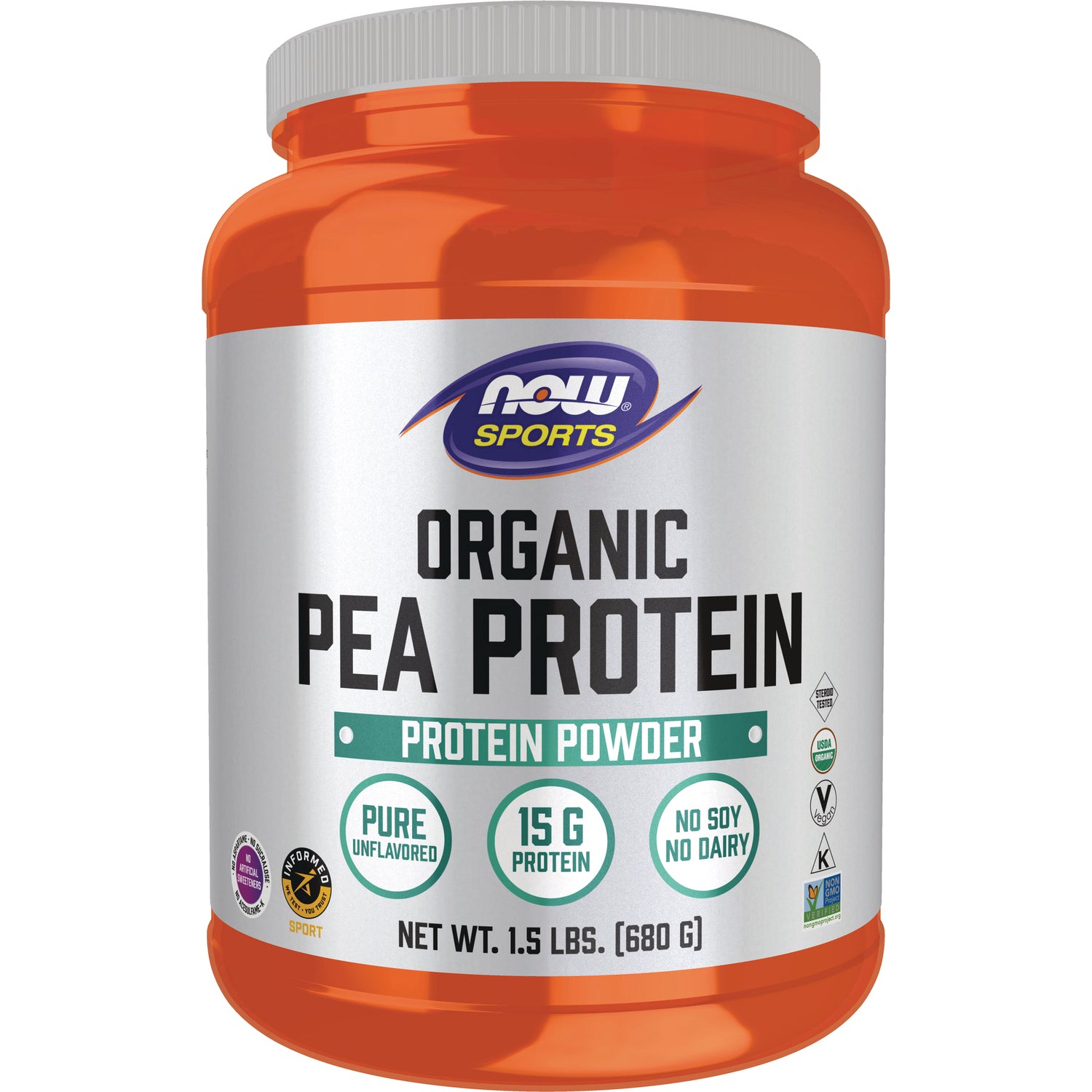 NWF1239 | NOW Sports Organic Pea Protein powder tub, pure unflavored, 15 g protein, 1.5 lbs