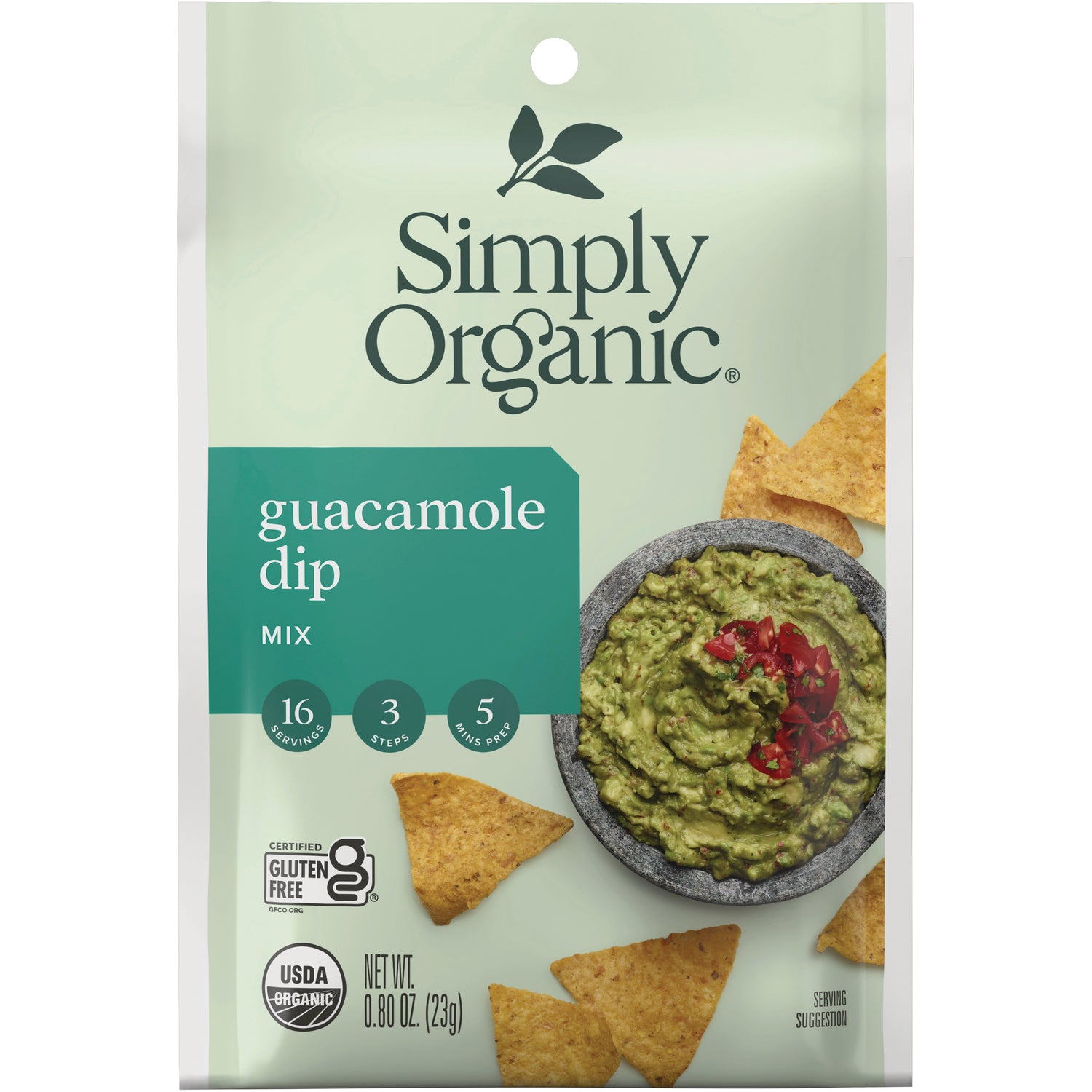 SMP001 | Simply Organic guacamole dip mix pouch with bowl of guacamole and tortilla chips