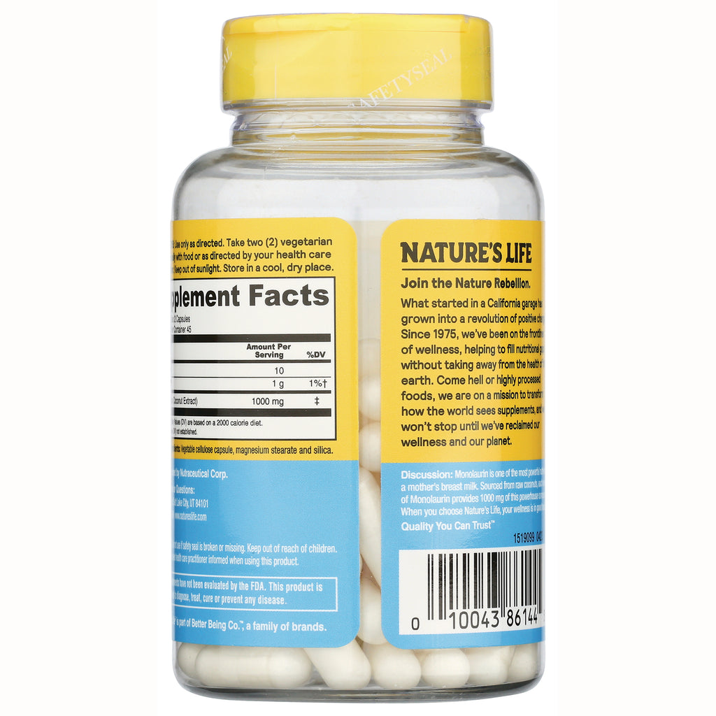 HS059 | Back of Nature's Life supplement bottle showing Supplement Facts panel, barcode, and white capsules - Thumbnail