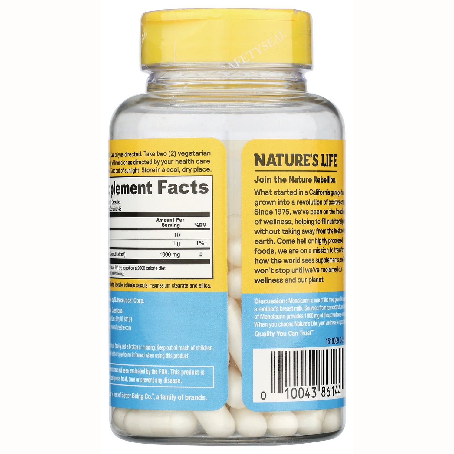 HS059 | Back of Nature's Life supplement bottle showing Supplement Facts panel, barcode, and white capsules