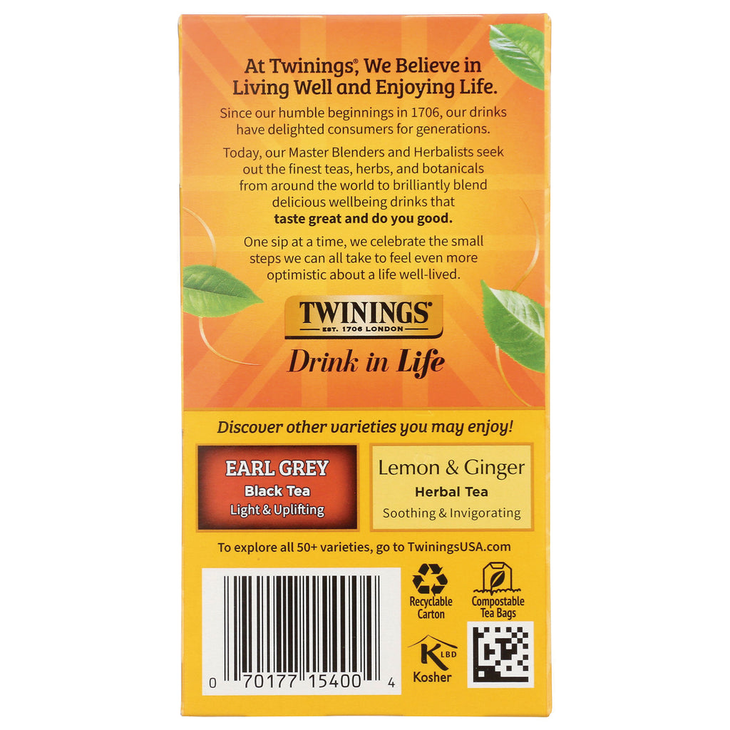 TWN015 | Back of Twinings tea box with brand story, Drink in Life, varieties Earl Grey and Lemon & Ginger, barcode - Thumbnail