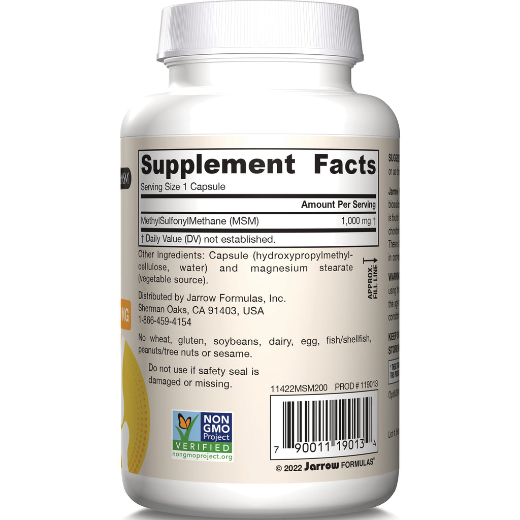JR346 | Back label showing Supplement Facts for MethylSulfonylMethane (MSM) 1,000 mg, ingredients, distributor info, non-GMO verified logo and barcode - Thumbnail