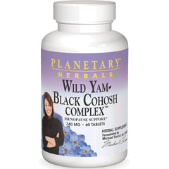PF141 | White bottle labeled Planetary Herbals Wild Yam Black Cohosh Complex 740 MG 60 tablets with woman and blue flowers