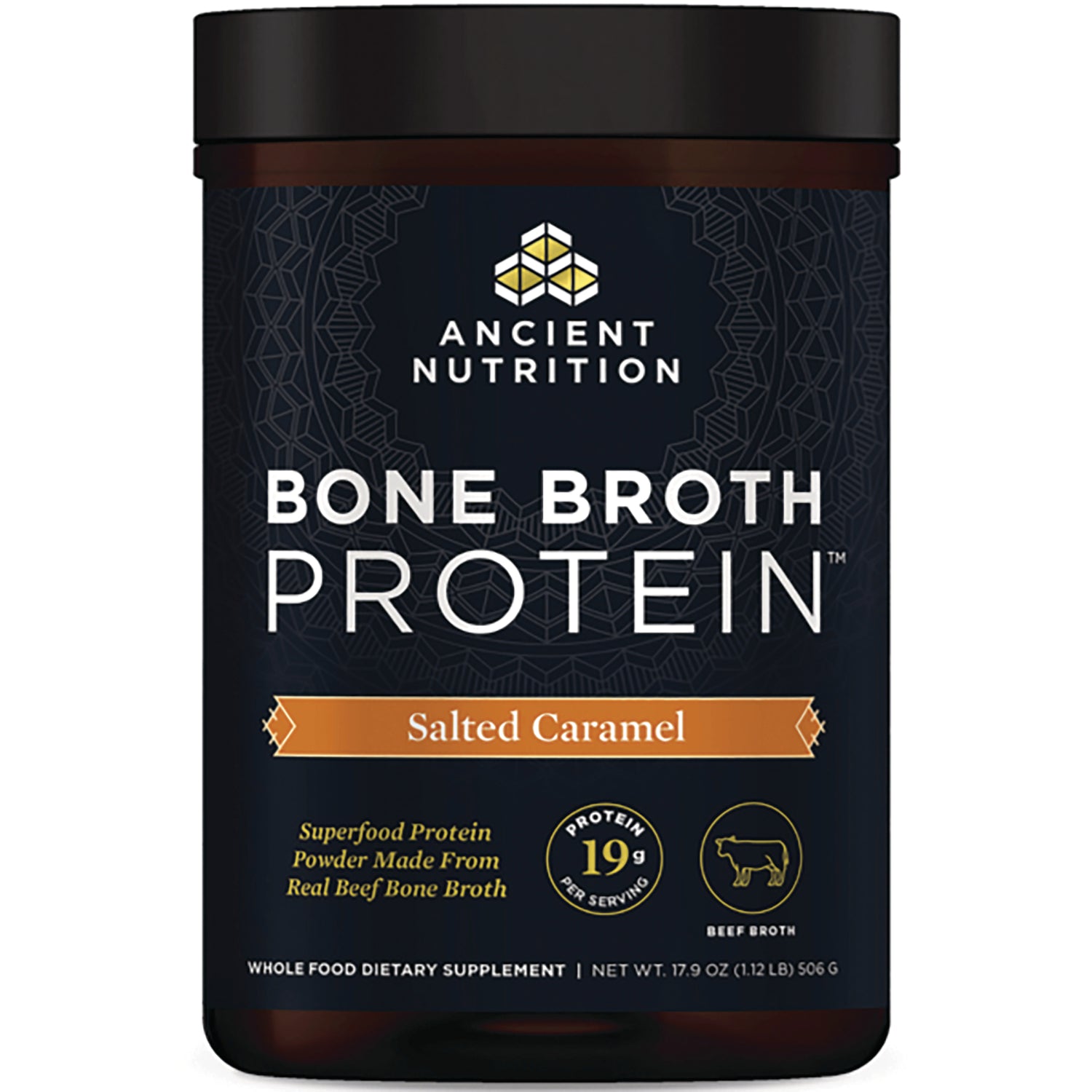ATN068 | Ancient Nutrition Bone Broth Protein Salted Caramel powder tub front label