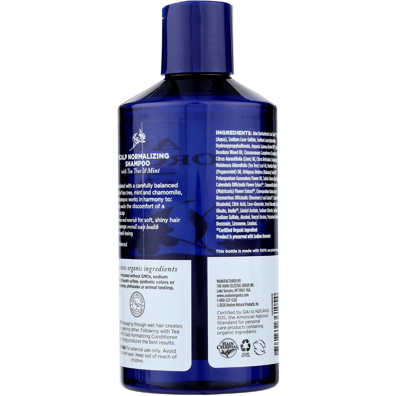 AVL042 | Back label of blue scalp normalizing shampoo bottle showing ingredients and usage text