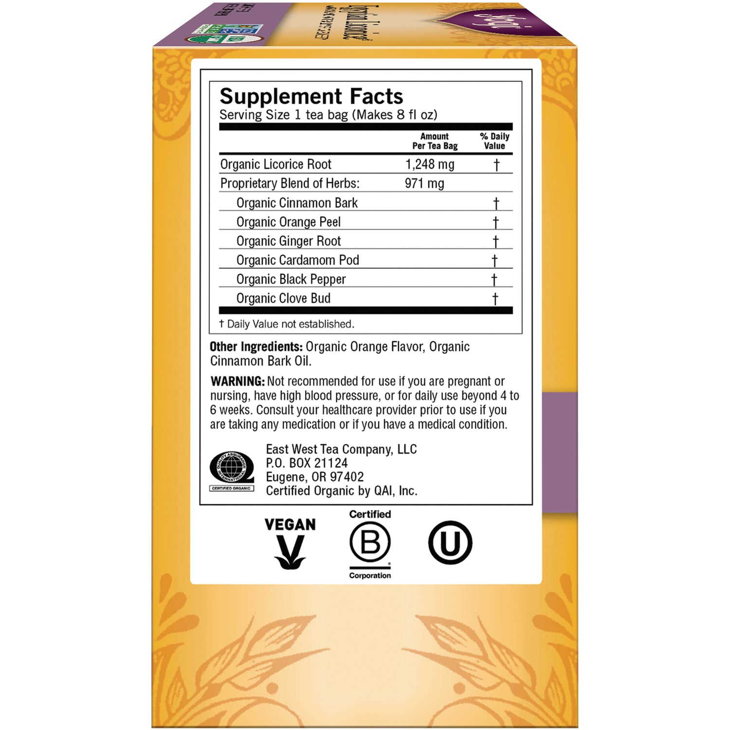 AHW014 | Back panel with Supplement Facts, ingredients, warning, and vegan and kosher certification icons