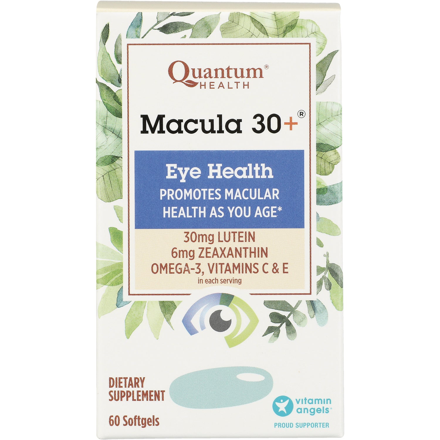 QU075 | Quantum Health Macula 30+ Eye Health box showing 30mg lutein, 6mg zeaxanthin and 60 softgels