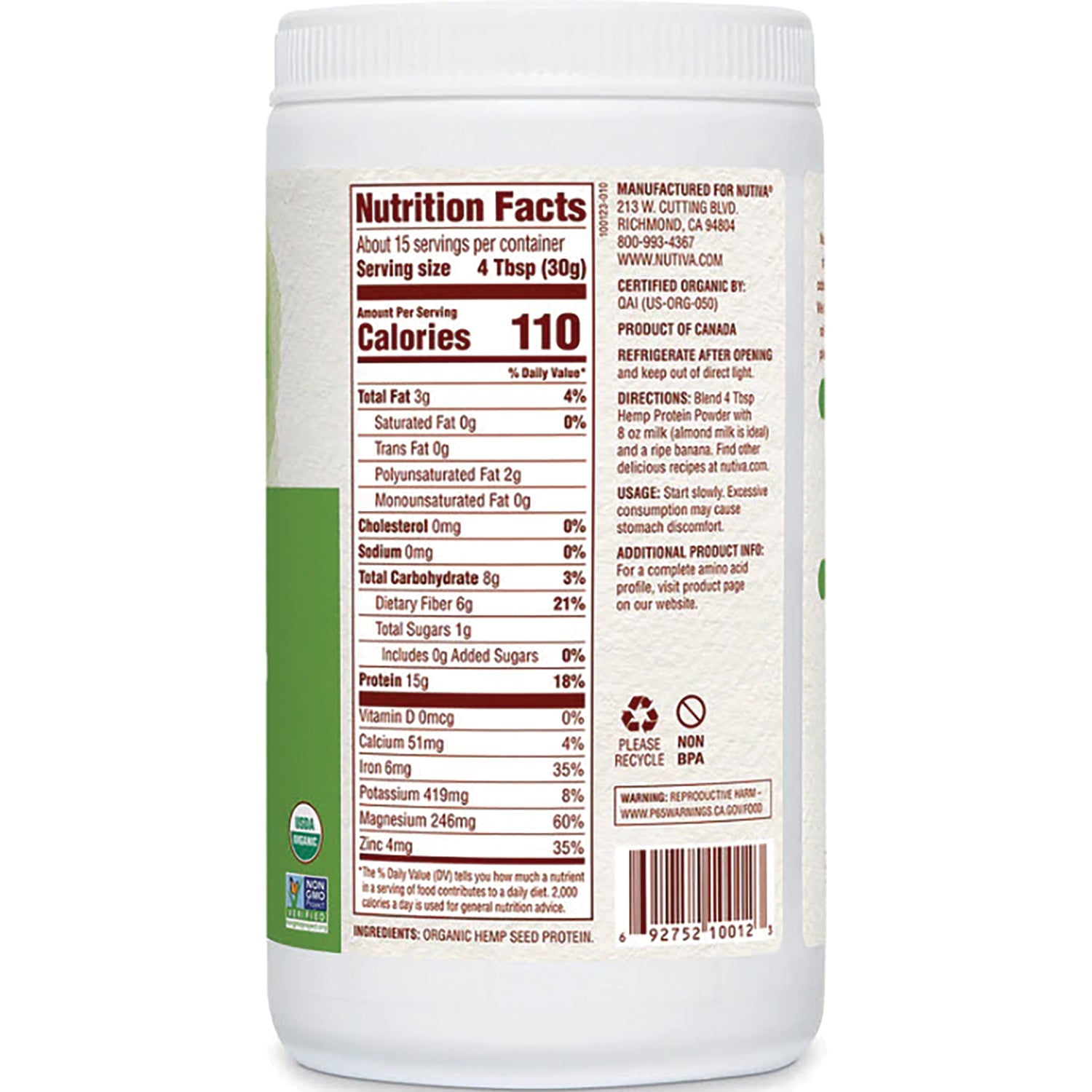 NTV014 | back label showing Nutrition Facts, serving size, calories, and ingredients for organic hemp protein powder