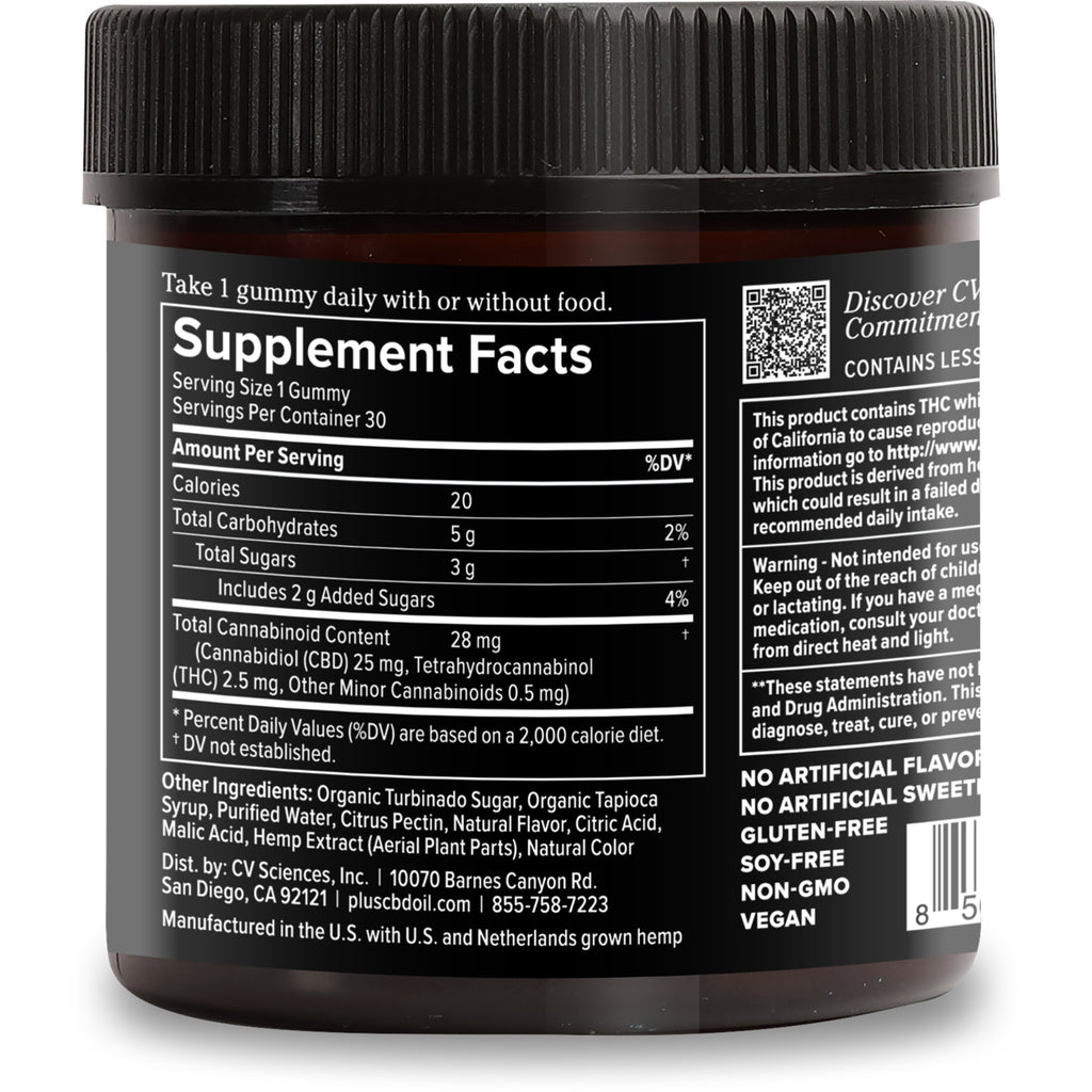 CV041 | Back label showing Supplement Facts panel with Serving Size 1 Gummy, total cannabinoid content 28 mg and warning text - Thumbnail