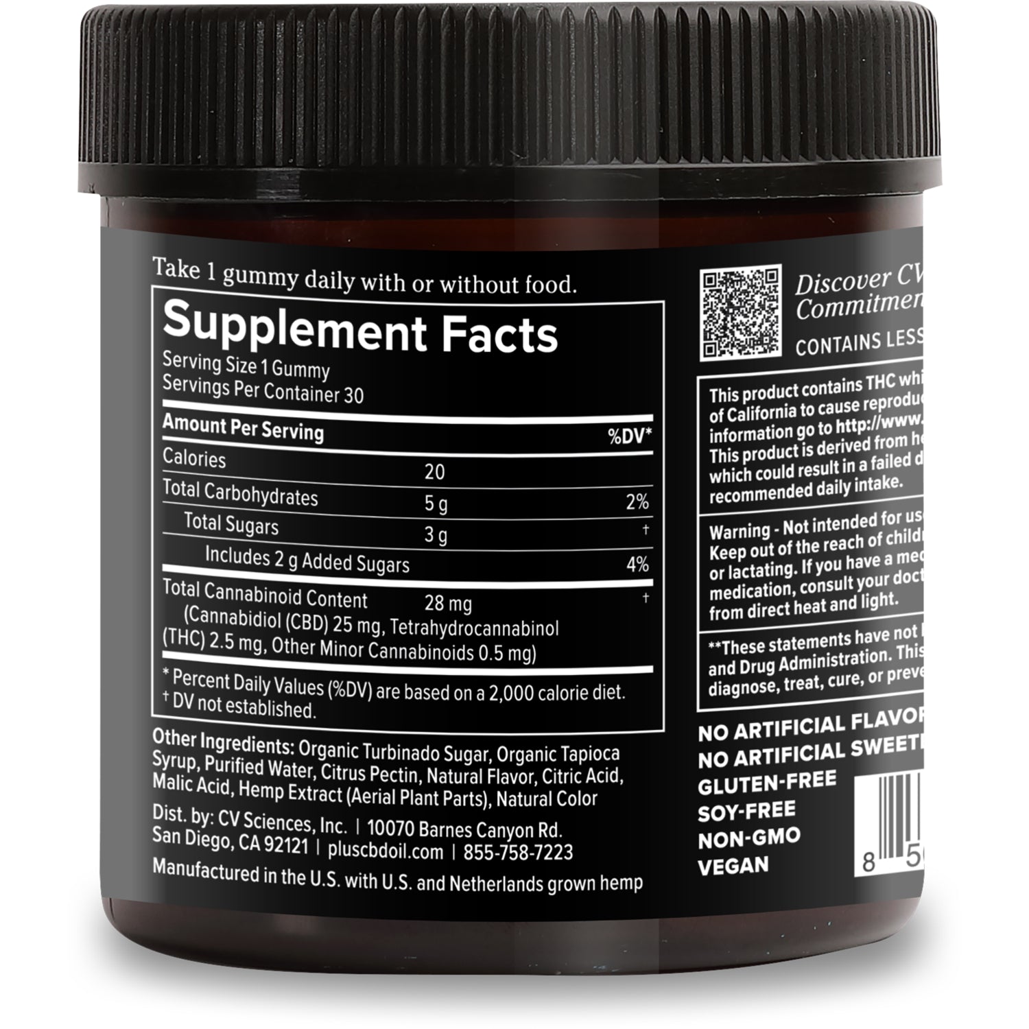 CV041 | Back label showing Supplement Facts panel with Serving Size 1 Gummy, total cannabinoid content 28 mg and warning text