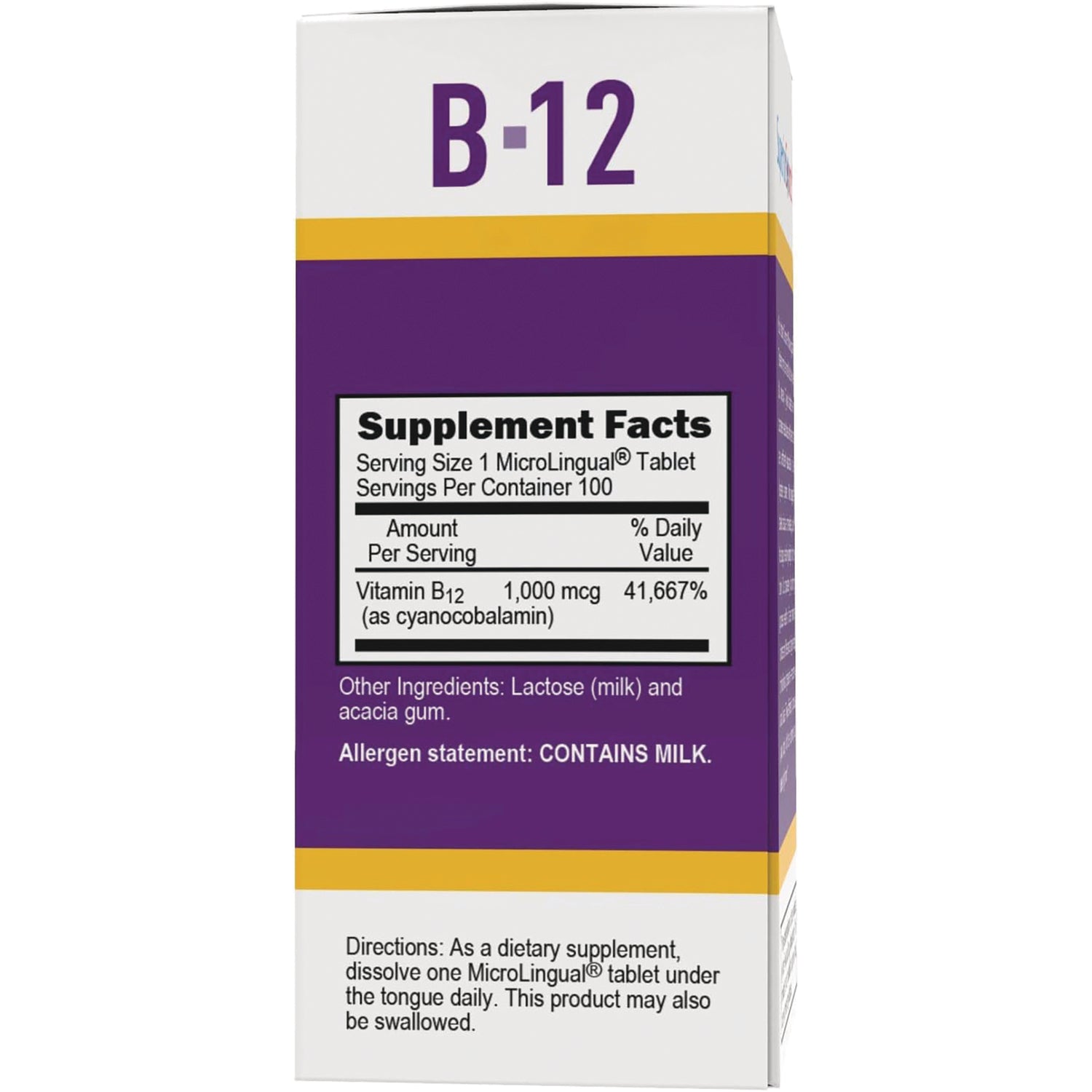 SUS002 | B-12 supplement facts panel with vitamin B12 1,000 mcg and directions; contains milk