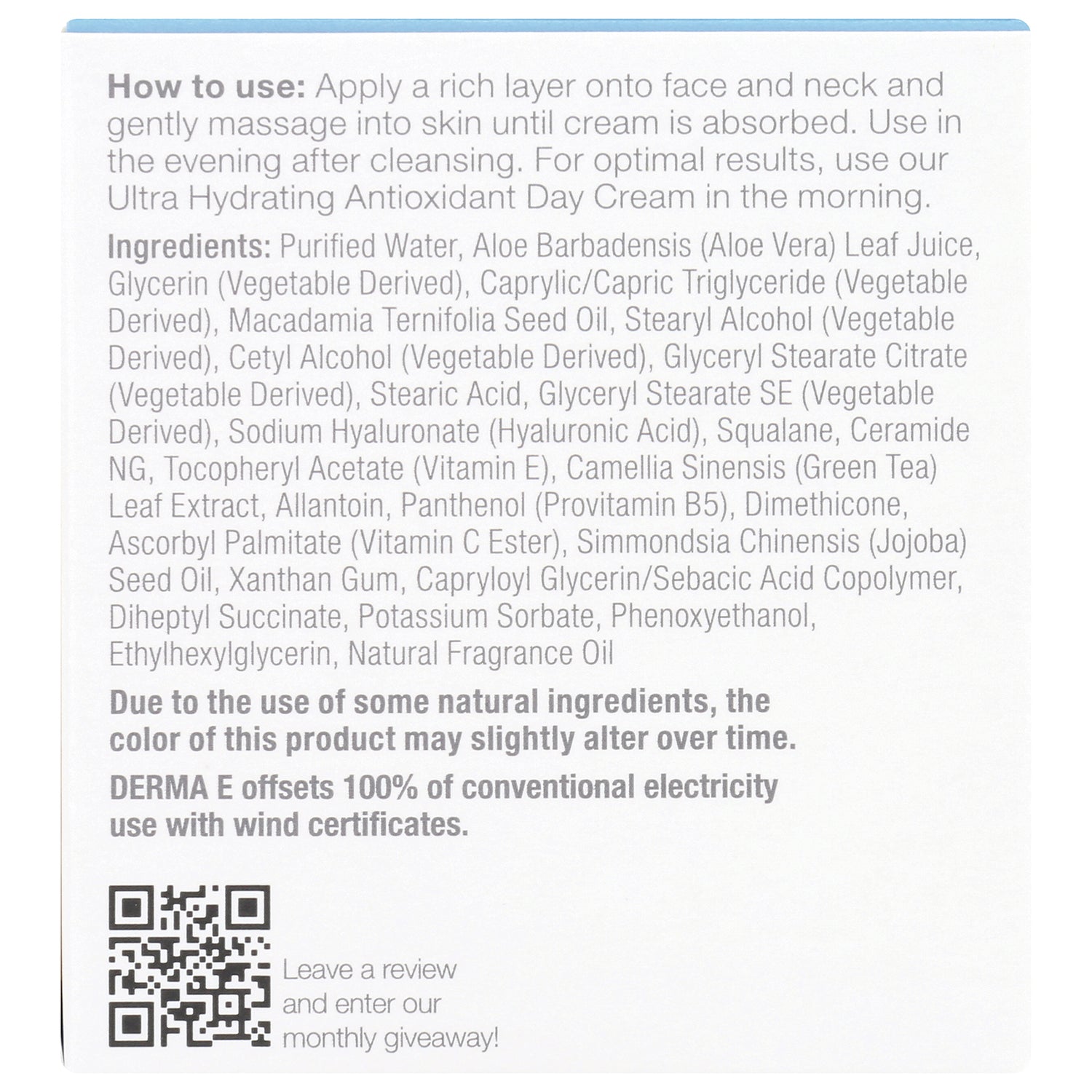 DE036 | Back panel showing how to use instructions, full ingredient list, QR code and sustainability note