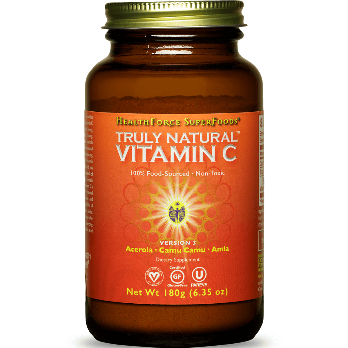 HFC008 | Amber glass jar labeled Truly Natural Vitamin C with orange front label, Net Wt 180g (6.35 oz)