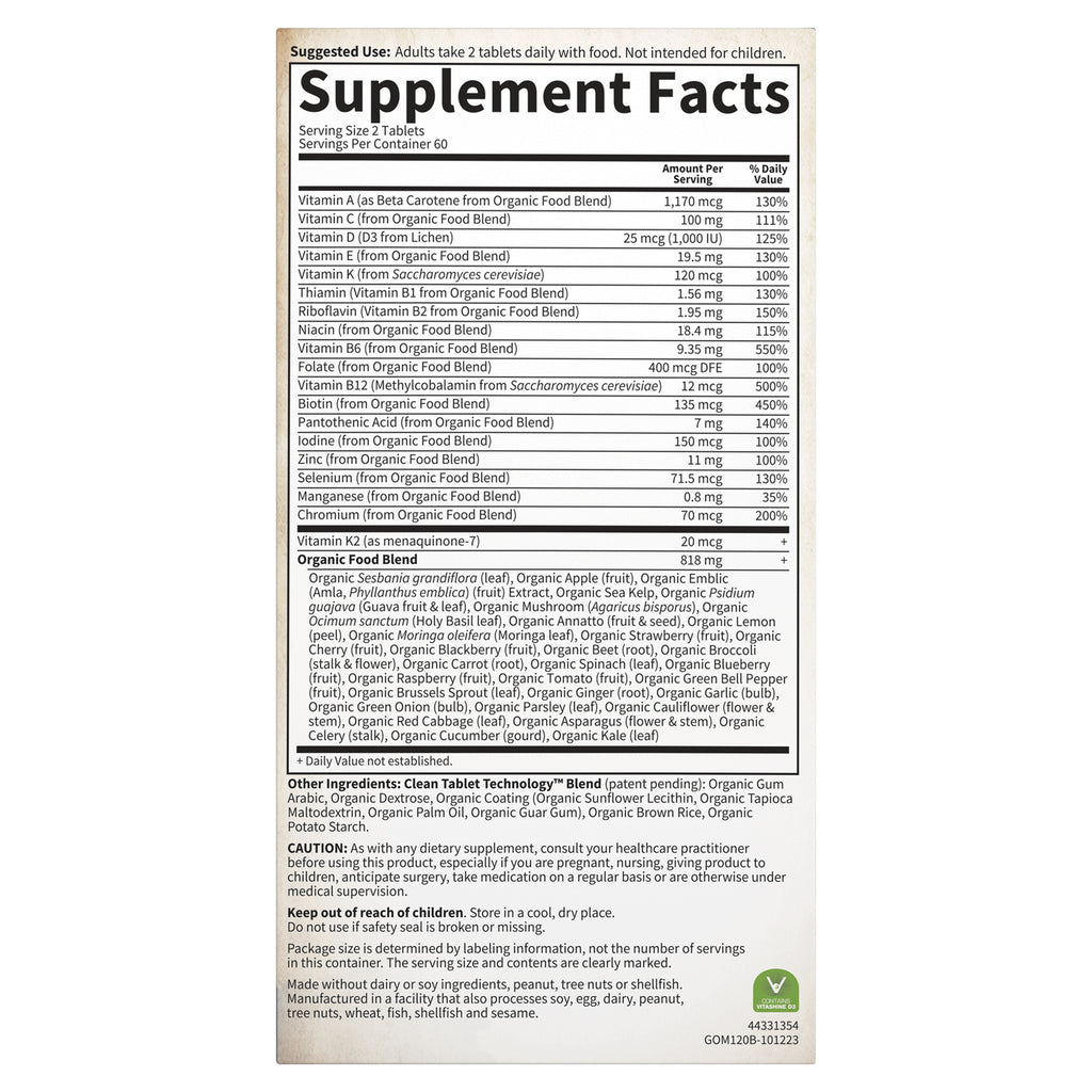GLF181 | Supplement Facts panel showing serving size, vitamin amounts, organic food blend, other ingredients and cautions - Thumbnail