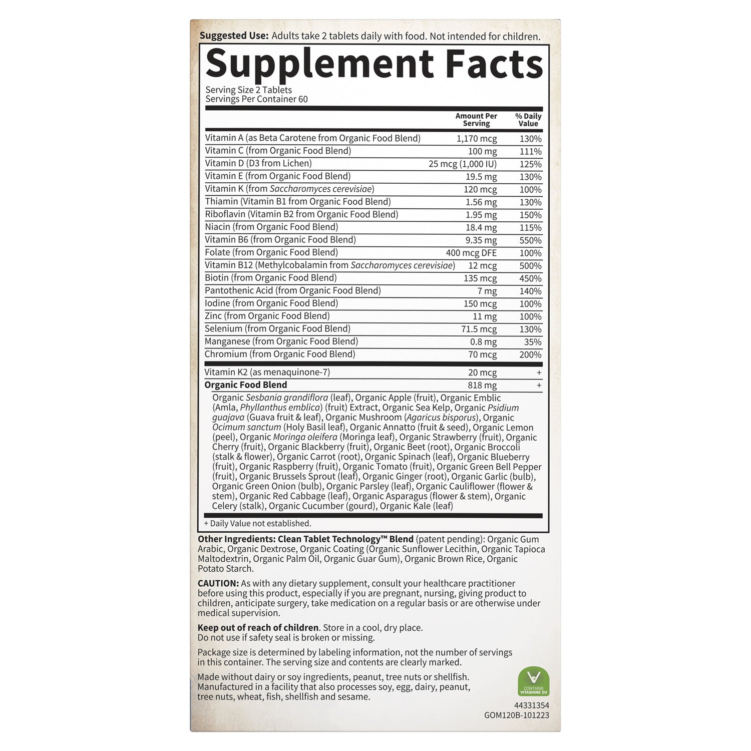 GLF181 | Supplement Facts panel showing serving size, vitamin amounts, organic food blend, other ingredients and cautions