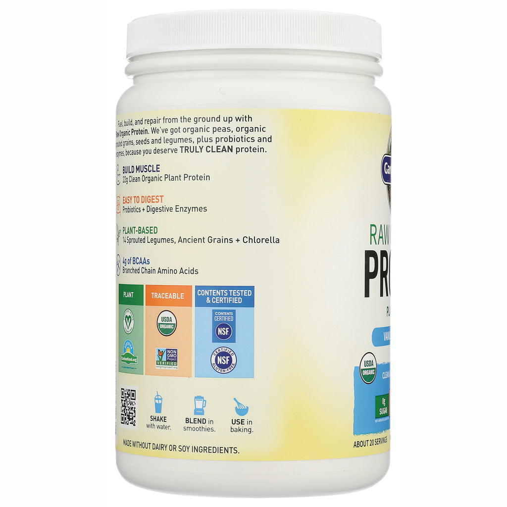 GLF145 | side panel infographic on protein powder jar showing benefits, certifications, and shake, blend, use in baking icons - Thumbnail