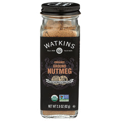 WTK015 | Watkins Organic Ground Nutmeg, 2.8 oz glass jar front with USDA Organic and Non-GMO seals