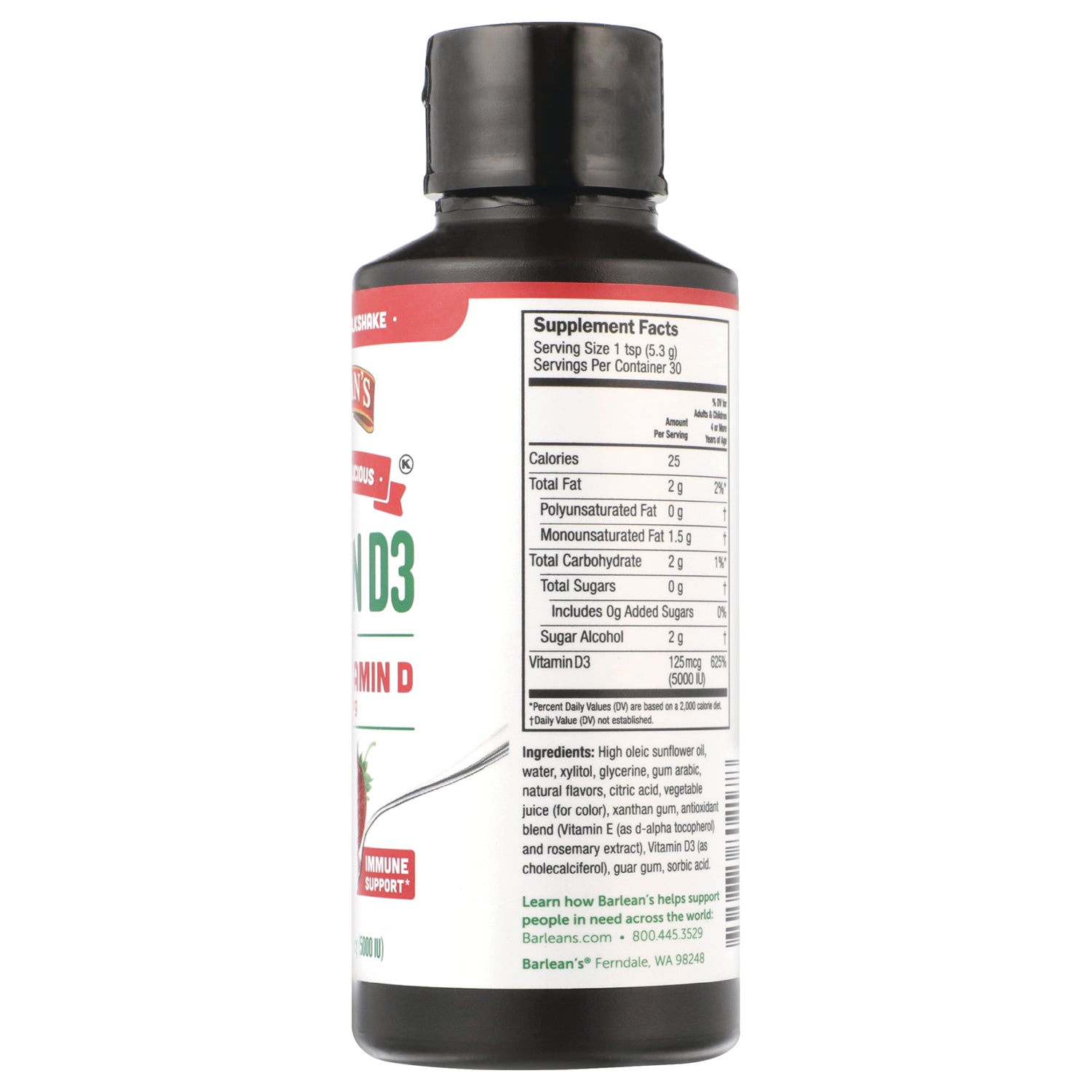 BAR105 | Back label showing Supplement Facts, serving size and ingredients on a vitamin D3 bottle