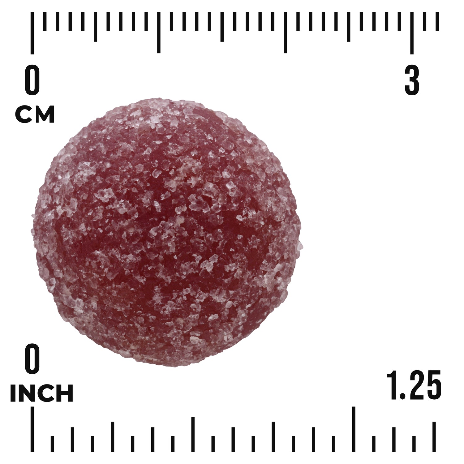 SW1970 | red sugar-coated round gummy with visible centimeter and inch rulers