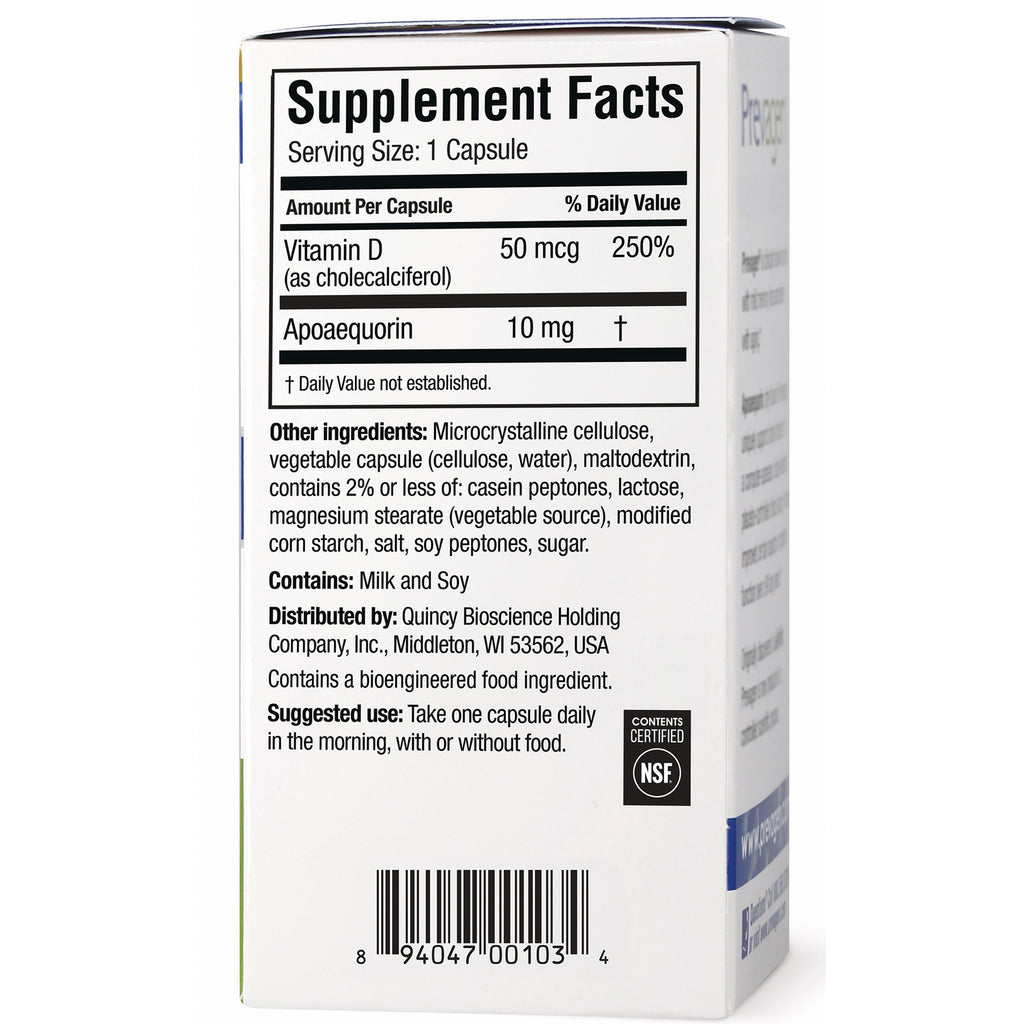QB001 | Back of supplement box with Supplement Facts (Vitamin D 50 mcg, Apoaequorin 10 mg), ingredients, suggested use, and barcode - Thumbnail
