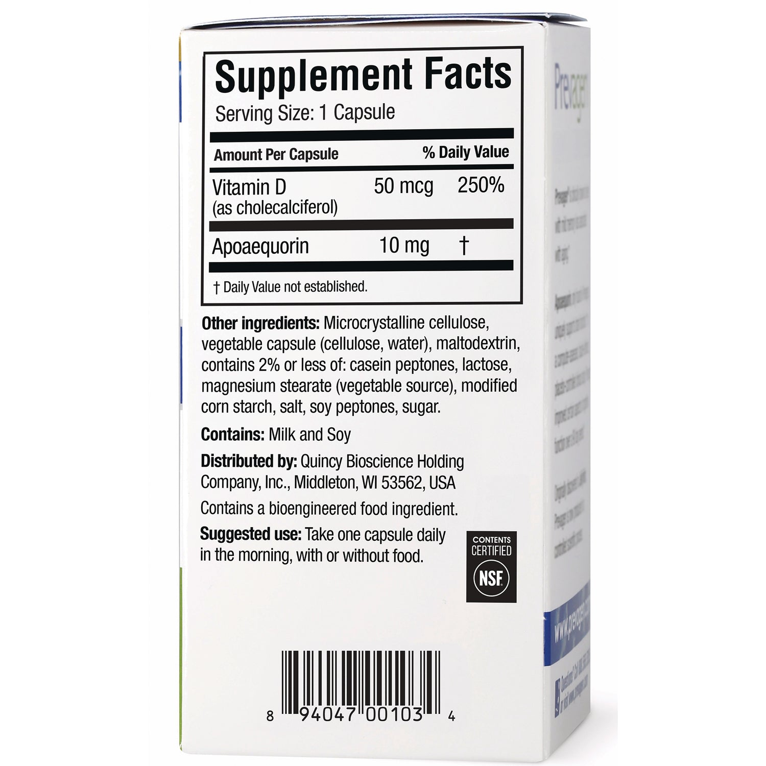 QB001 | Back of supplement box with Supplement Facts (Vitamin D 50 mcg, Apoaequorin 10 mg), ingredients, suggested use, and barcode
