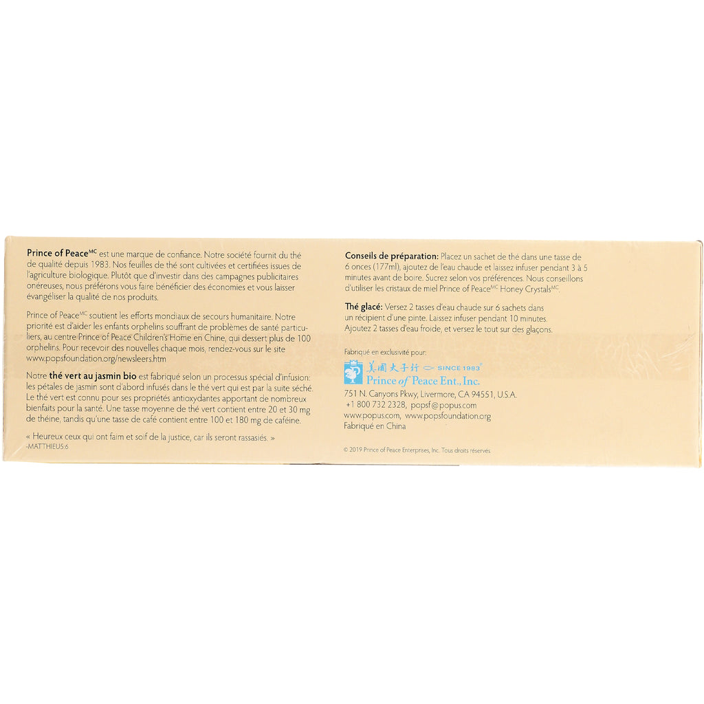 Cream-colored tea box back panel with French preparation instructions and Prince of Peace logo - Thumbnail