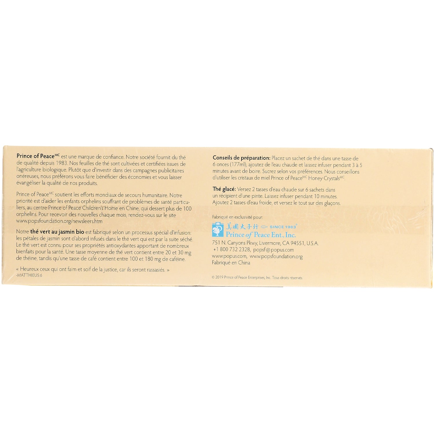 Cream-colored tea box back panel with French preparation instructions and Prince of Peace logo