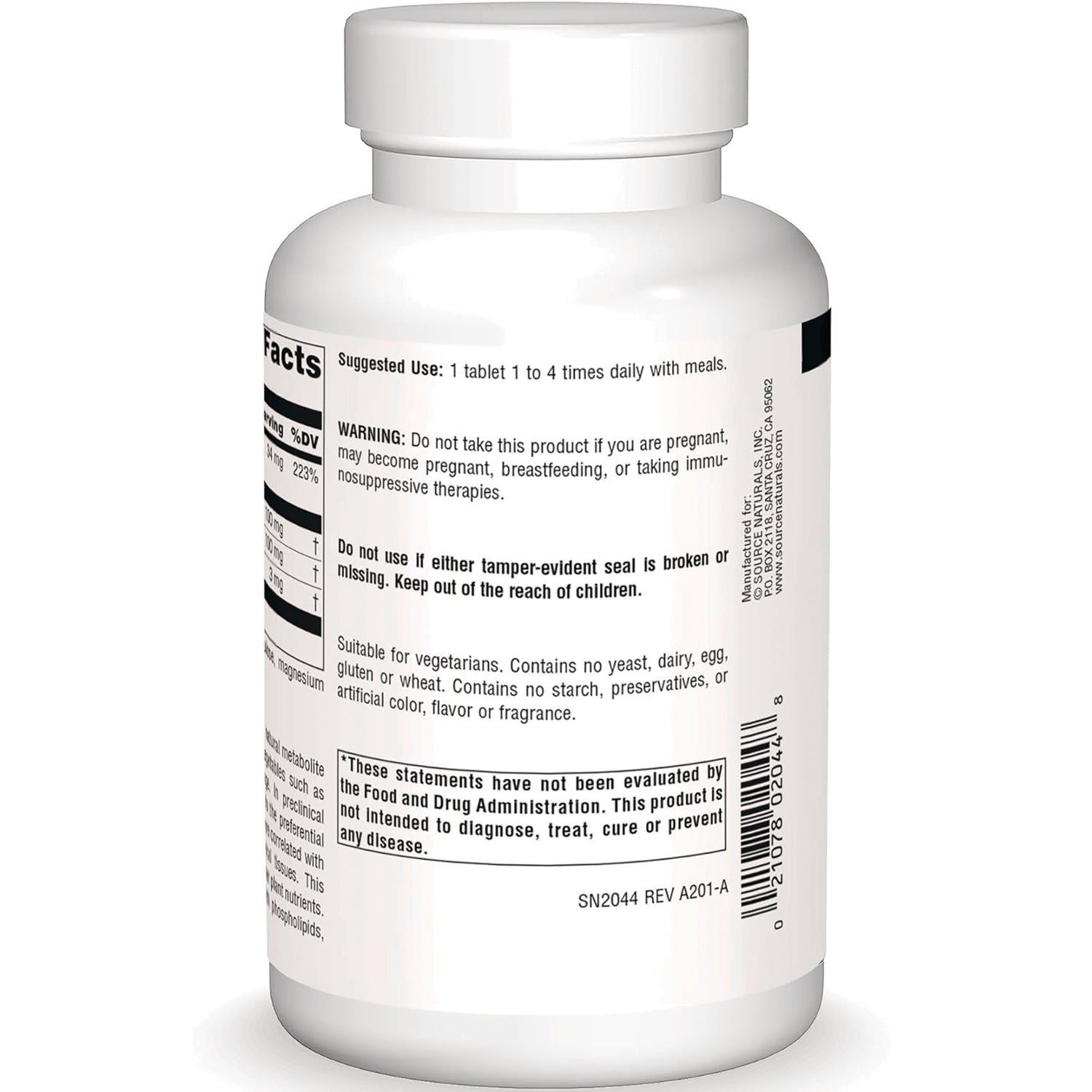 SN642 | Supplement bottle back label with suggested use, warning, FDA disclaimer, and barcode