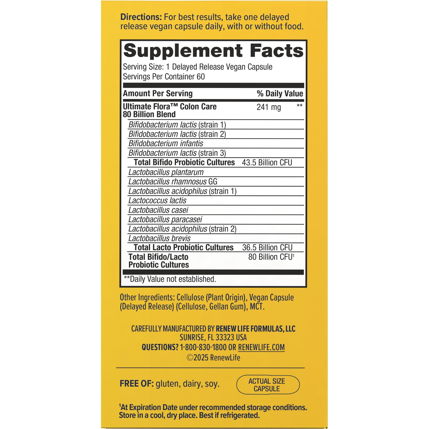 RNL252 | Back label showing Supplement Facts panel with probiotic strains, serving size, and other ingredients