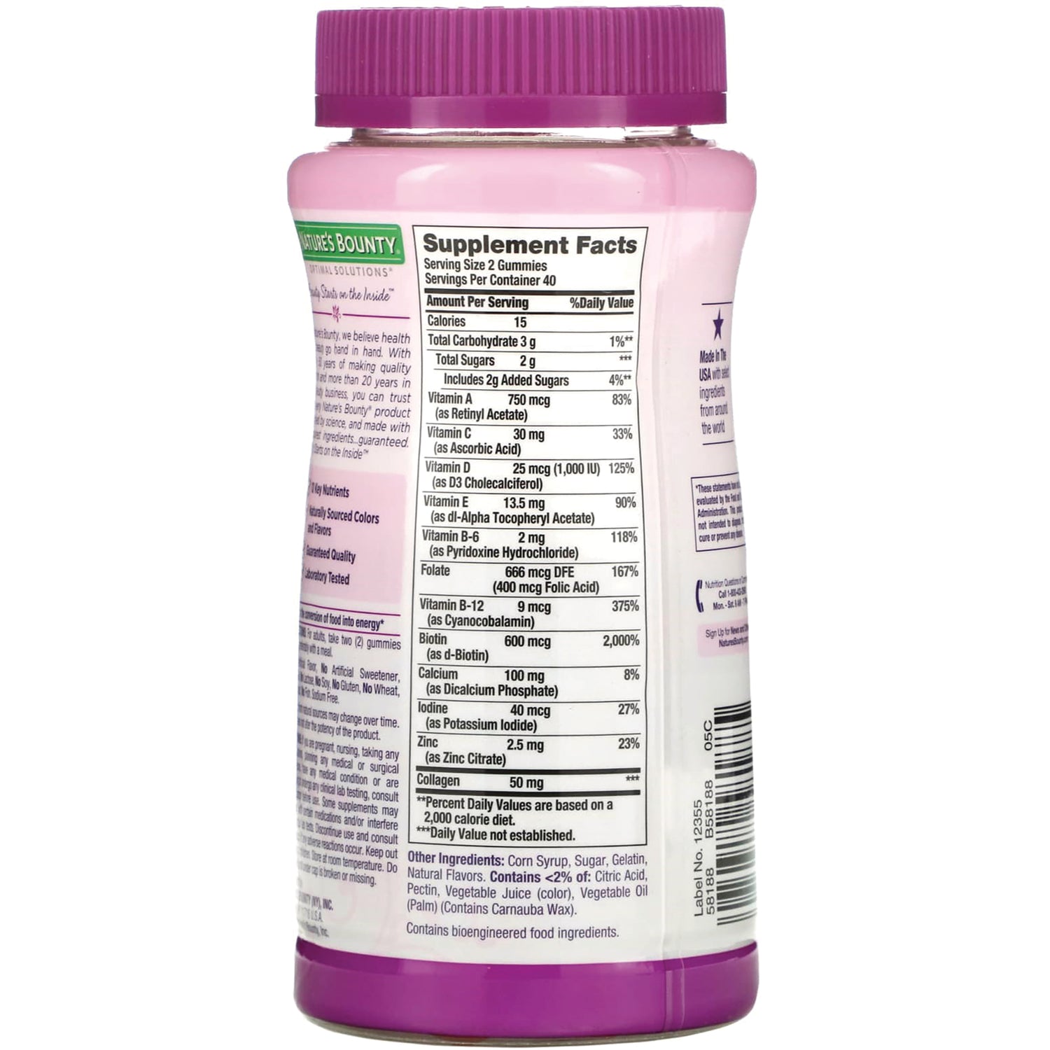 NBY107 | Back of pink supplement bottle showing Supplement Facts panel and ingredients list