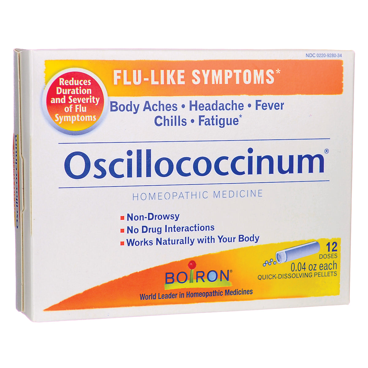 BRN044 | Oscillococcinum homeopathic medicine box front showing FLU-LIKE SYMPTOMS label and 12 doses