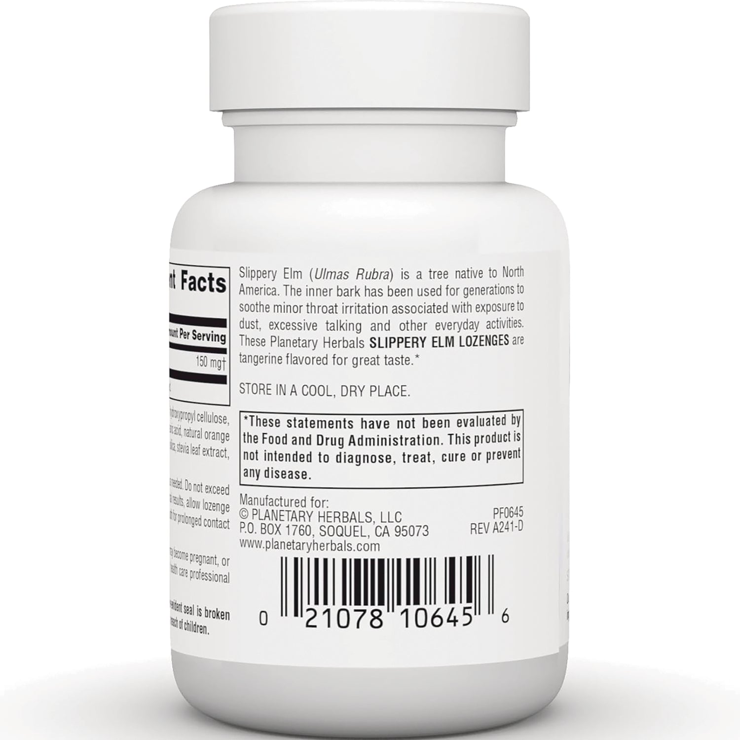 PF131 | Back label of white supplement bottle showing ingredient text, FDA disclaimer and barcode