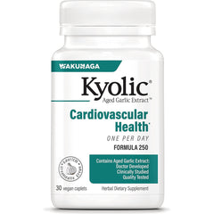 KY103 | Kyolic Aged Garlic Extract bottle labeled Cardiovascular Health One Per Day Formula 250, 30 vegan caplets