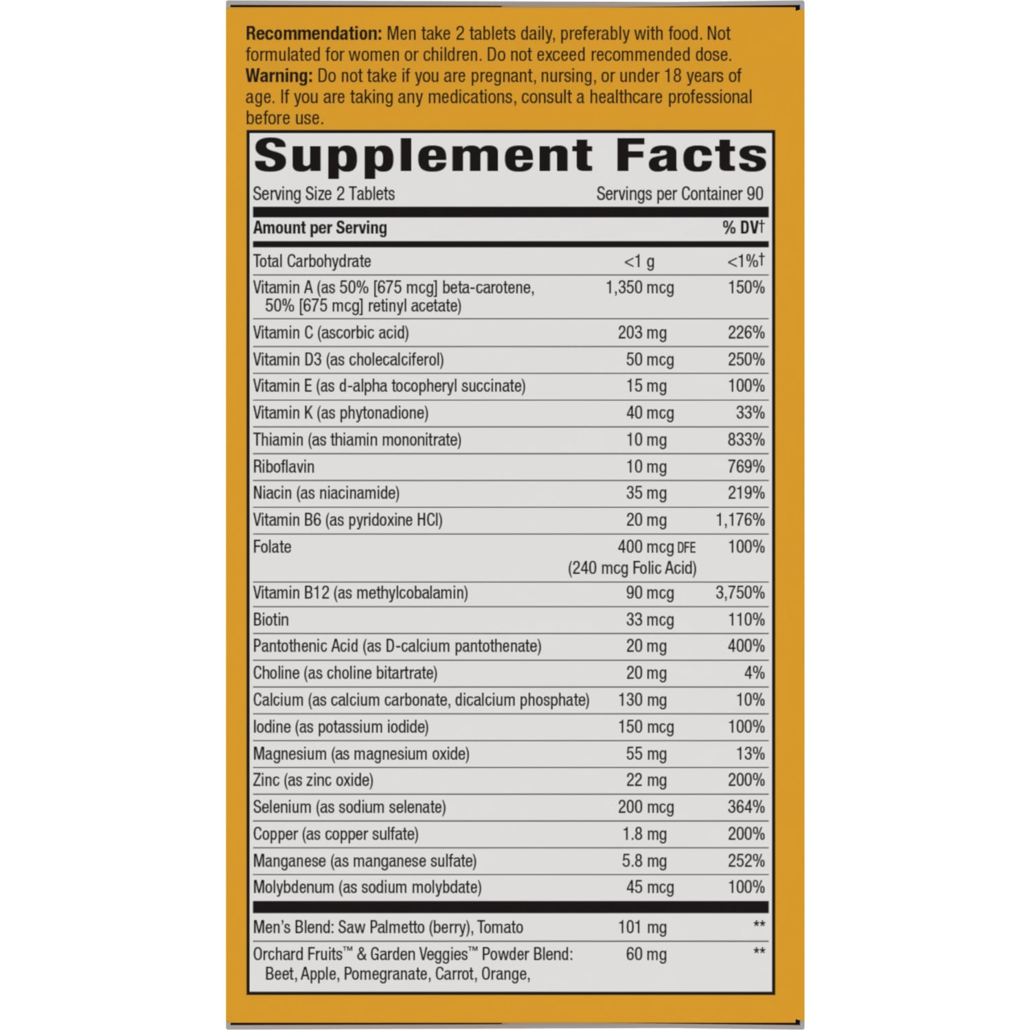 NW1076 | Supplement Facts panel for men's multivitamin tablets with dosage and ingredient details