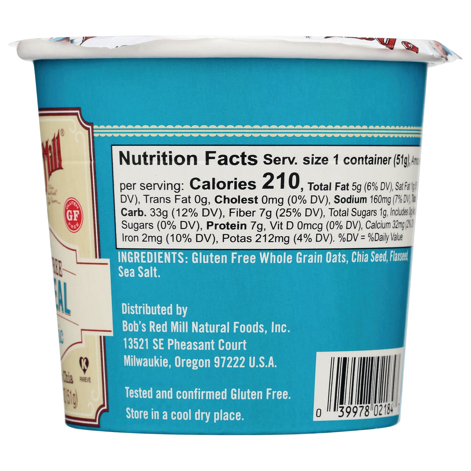 BOB226 | Back of turquoise cup showing Nutrition Facts panel, ingredients list, distributor address and barcode