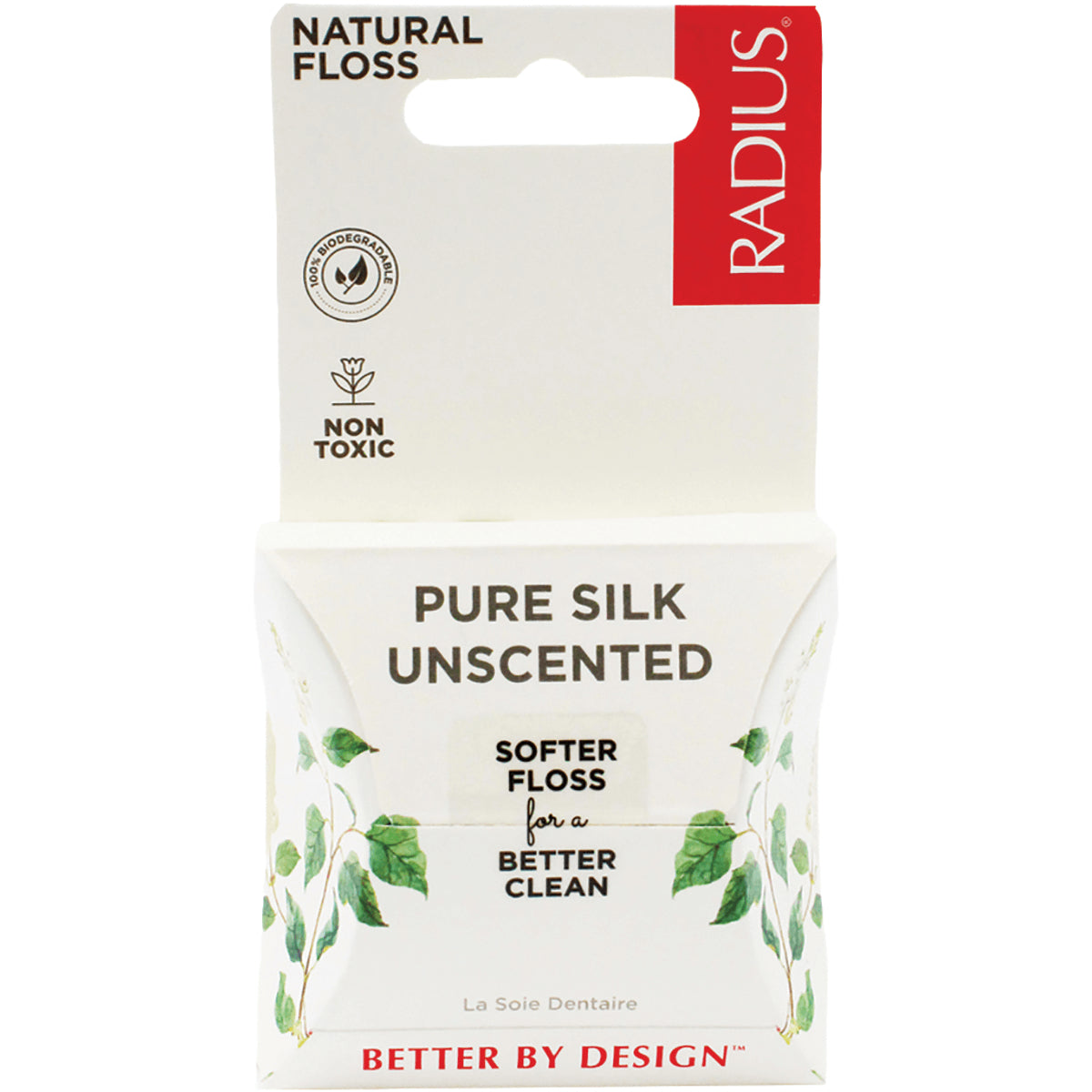 RAD011 | Radius Pure Silk unscented dental floss packaging labeled PURE SILK UNSCENTED softer floss for a better clean